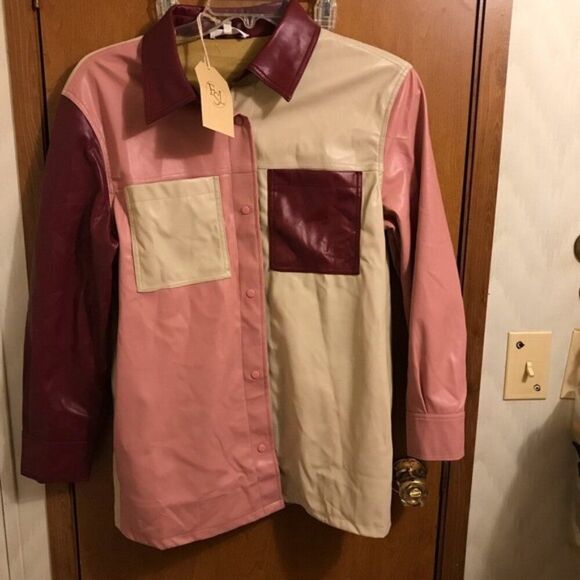 Colorblock Faux Leather Shirt Jacket Shacket 90s 70s Snap button Y2K M - Picture 6 of 16